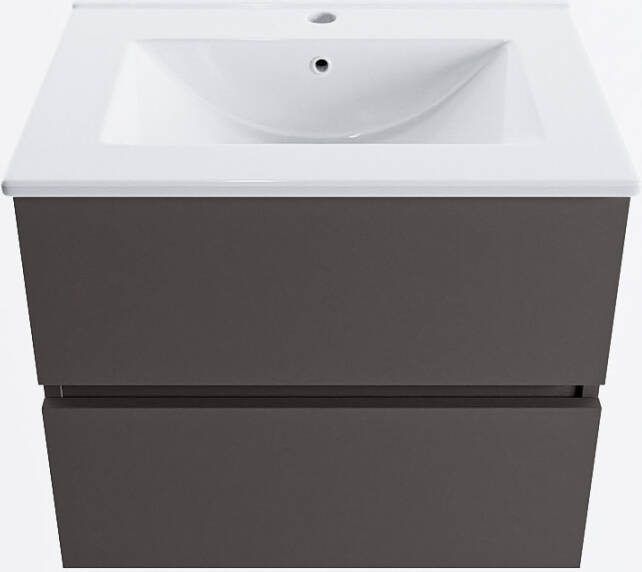 Mondiaz VICA 60cm badmeubel onderkast Dark Grey 2 lades. Wastafel DENIA midden 1 kraangat kleur Glanzend Wit.