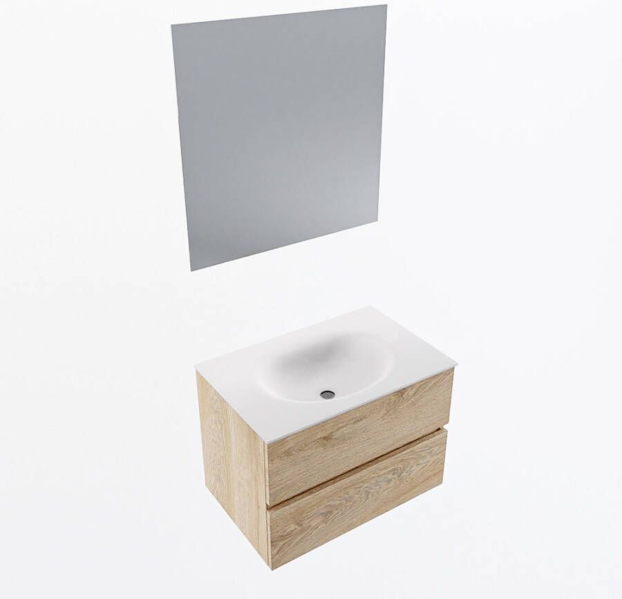 Mondiaz VICA 70cm badmeubel onderkast Washed Oak 2 lades. Wastafel MOON midden zonder kraangat kleur Talc.