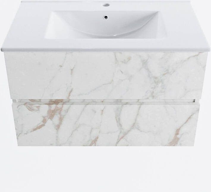 Mondiaz VICA 80cm badmeubel onderkast Carrara 2 lades. Wastafel DENIA midden 1 kraangat kleur Glanzend Wit.