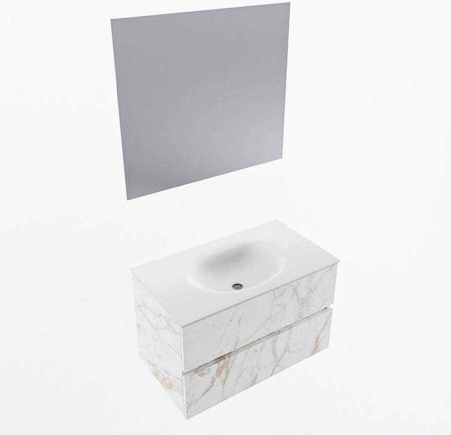 Mondiaz VICA 80cm badmeubel onderkast Carrara 2 lades. Wastafel MOON midden zonder kraangat kleur Talc.