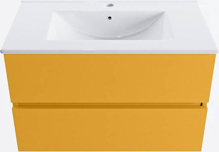 Mondiaz VICA 80cm badmeubel onderkast Ocher 2 lades. Wastafel DENIA midden 1 kraangat kleur Glanzend Wit.