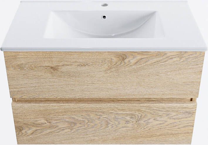 Mondiaz VICA 80cm badmeubel onderkast Washed Oak 2 lades. Wastafel DENIA midden 1 kraangat kleur Glanzend Wit.