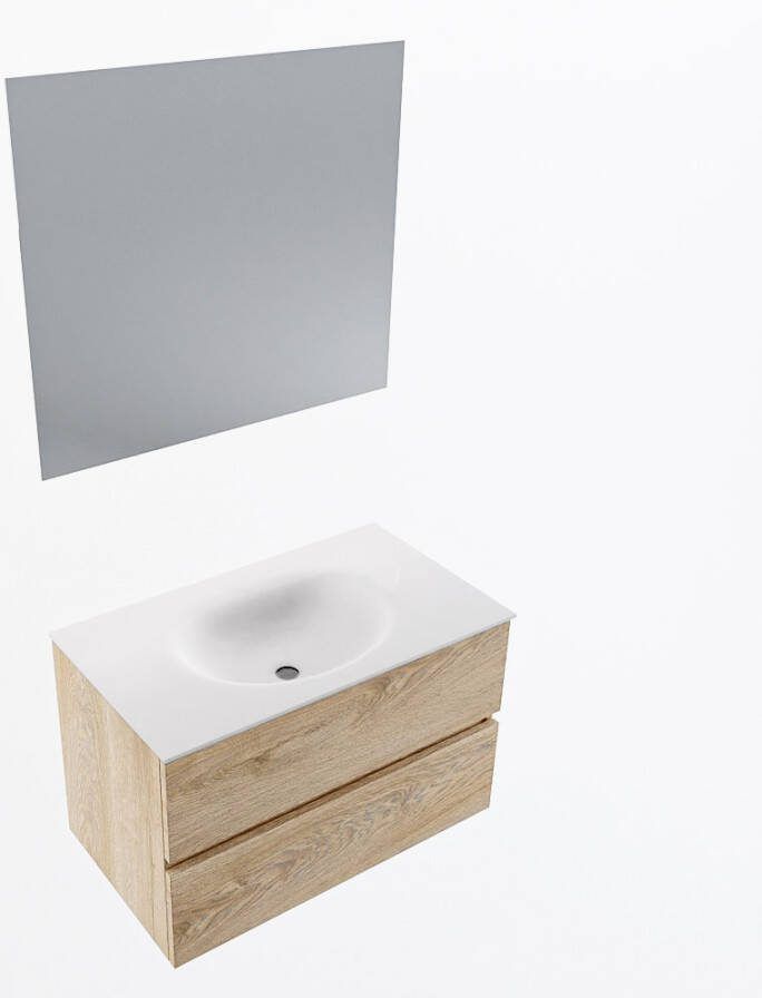 Mondiaz VICA 80cm badmeubel onderkast Washed Oak 2 lades. Wastafel MOON midden 1 kraangat kleur Talc.