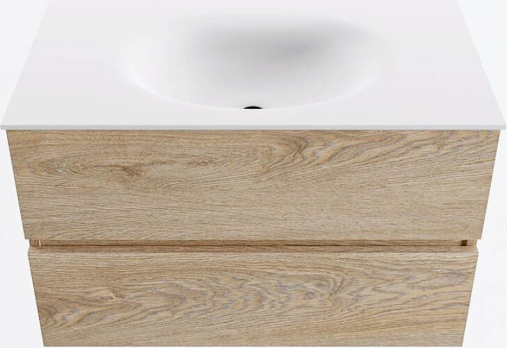 Mondiaz VICA 80cm badmeubel onderkast Washed Oak 2 lades. Wastafel MOON midden zonder kraangat kleur Talc.