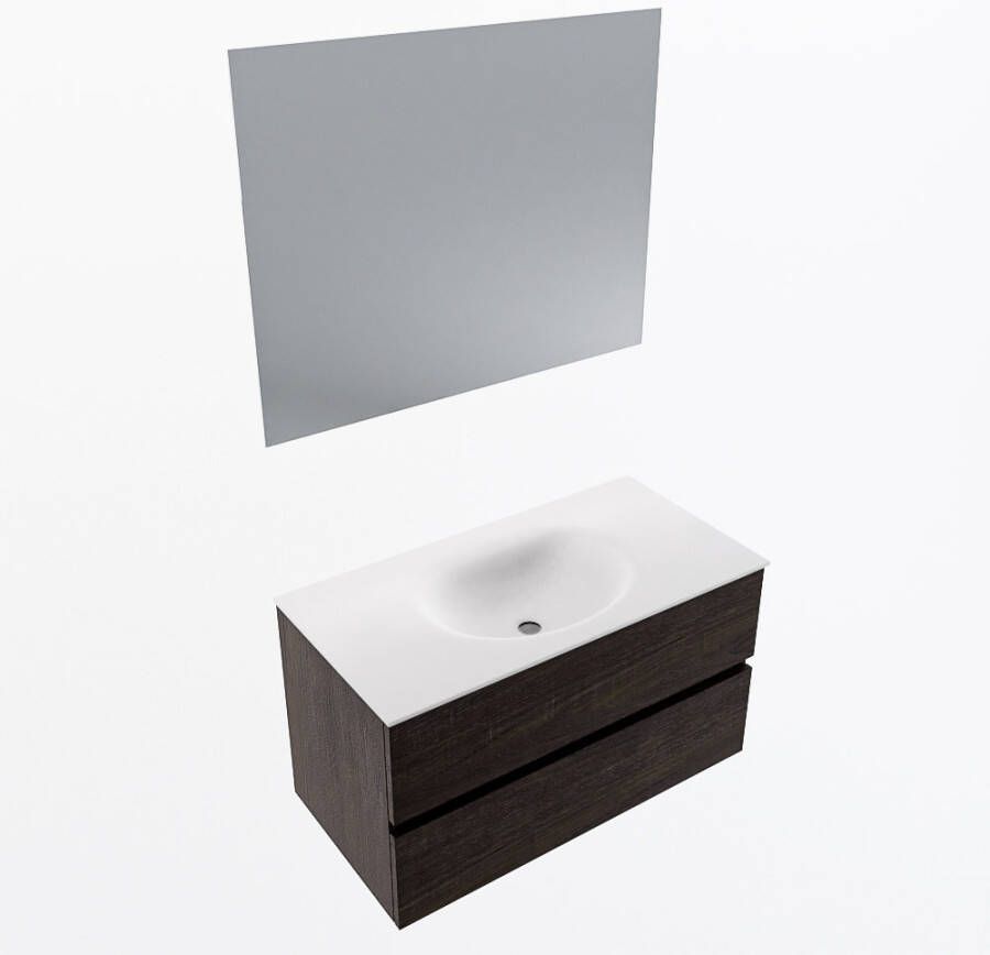 Mondiaz VICA 90cm badmeubel onderkast Dark Brown 2 lades. Wastafel MOON midden zonder kraangat kleur Talc.