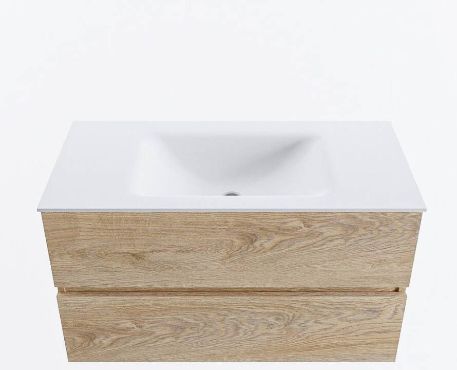 Mondiaz VICA 90cm badmeubel onderkast Washed Oak 2 lades. Wastafel CLOUD midden 1 kraangat kleur Talc.