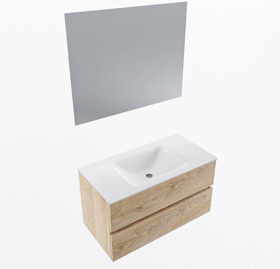 Mondiaz VICA 90cm badmeubel onderkast Washed Oak 2 lades. Wastafel CLOUD midden zonder kraangat kleur Talc.