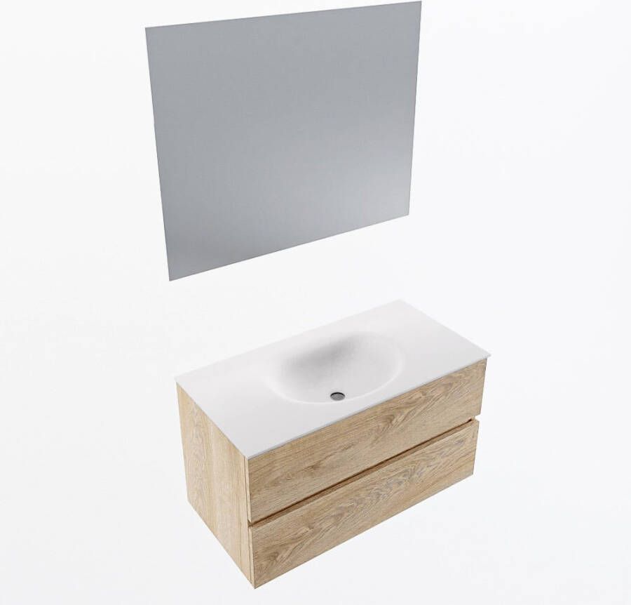 Mondiaz VICA 90cm badmeubel onderkast Washed Oak 2 lades. Wastafel MOON midden 1 kraangat kleur Talc.