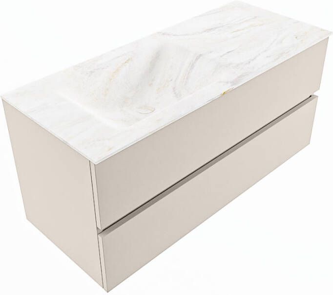 Mondiaz VICA-DLUX 110cm badmeubel onderkast Linen 2 lades. Inbouw wastafel CLOUD links 1 kraangat kleur Glace.
