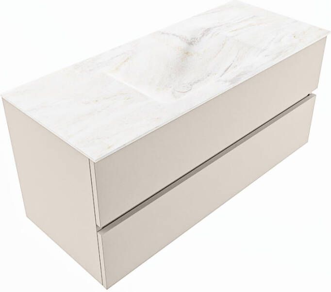 Mondiaz VICA-DLUX 110cm badmeubel onderkast Linen 2 lades. Inbouw wastafel CLOUD midden 1 kraangat kleur Opalo.