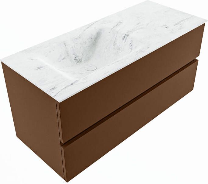 Mondiaz VICA-DLUX 110cm badmeubel onderkast Rust 2 lades. Inbouw wastafel CLOUD links zonder kraangat kleur Opalo en spiegel model SPOT