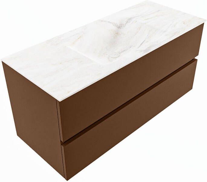 Mondiaz VICA-DLUX 110cm badmeubel onderkast Rust 2 lades. Inbouw wastafel CLOUD midden zonder kraangat kleur Opalo en spiegel model SPOT