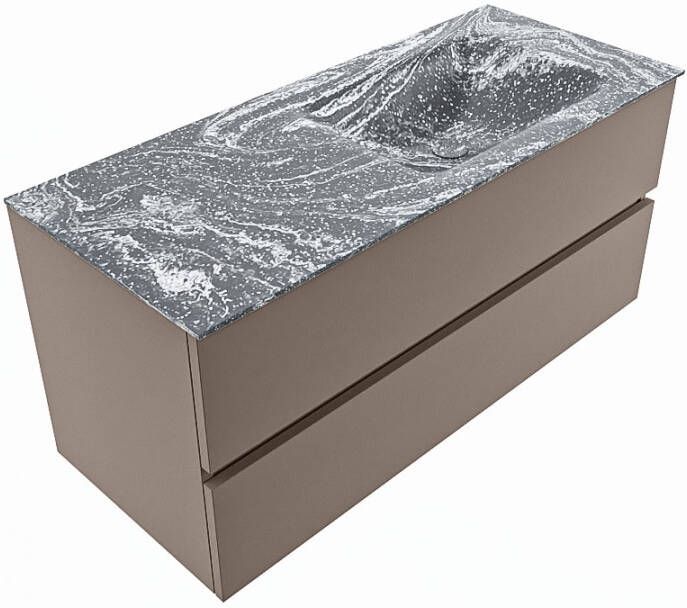 Mondiaz VICA-DLUX 110cm badmeubel onderkast Smoke 2 lades. Inbouw wastafel CLOUD rechts zonder kraangat kleur Frappe.