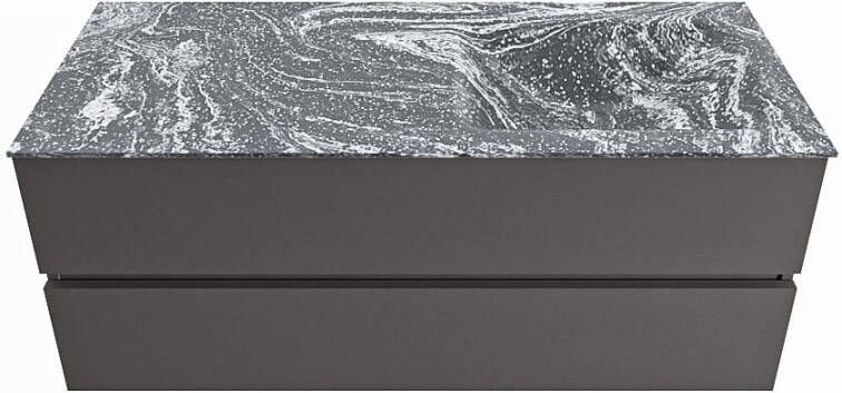Mondiaz VICA-DLUX 120cm badmeubel onderkast Dark grey 2 lades. Inbouw wastafel CLOUD rechts 1 kraangat kleur Opalo en spiegel model SPOT