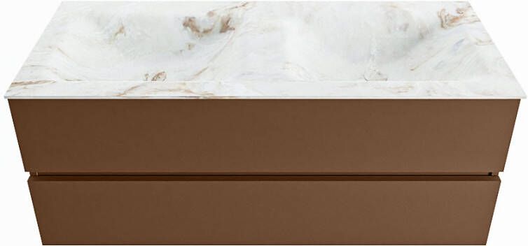 Mondiaz VICA-DLUX 120cm badmeubel onderkast Rust 2 lades. Inbouw wastafel CLOUD dubbel 2 kraangaten kleur Ostra.