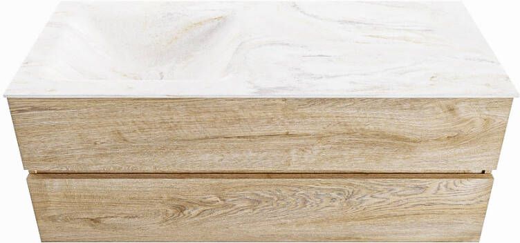 Mondiaz VICA-DLUX 120cm badmeubel onderkast Washed Oak 2 lades. Inbouw wastafel CLOUD links zonder kraangat kleur Ostra.