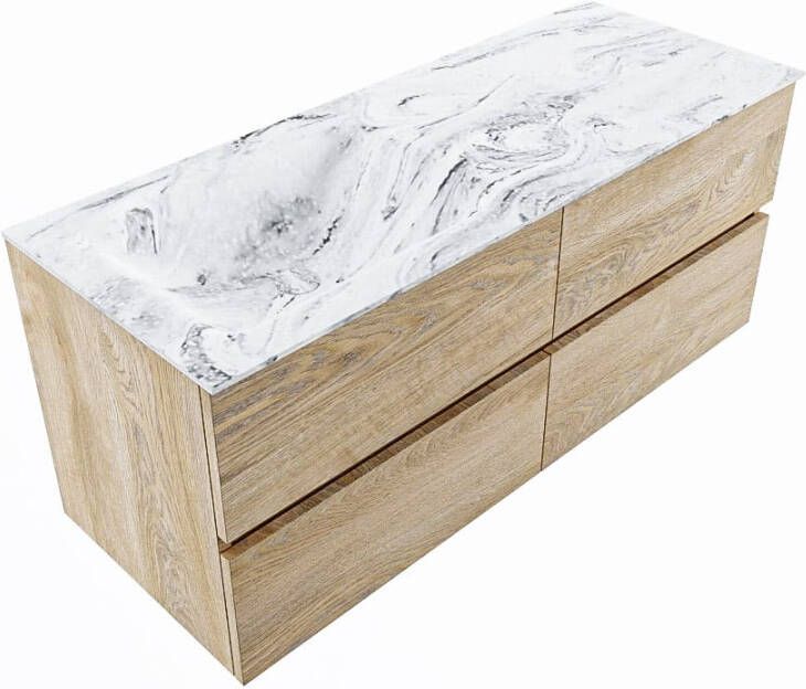 Mondiaz VICA-DLUX 120cm badmeubel onderkast Washed Oak 4 lades. Inbouw wastafel CLOUD links 1 kraangat kleur Frappe.