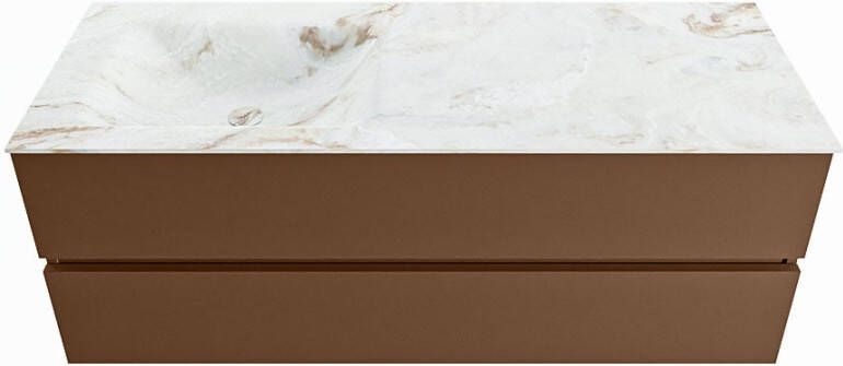 Mondiaz VICA-DLUX 130cm badmeubel onderkast Rust 2 lades. Inbouw wastafel CLOUD links 1 kraangat kleur Opalo.