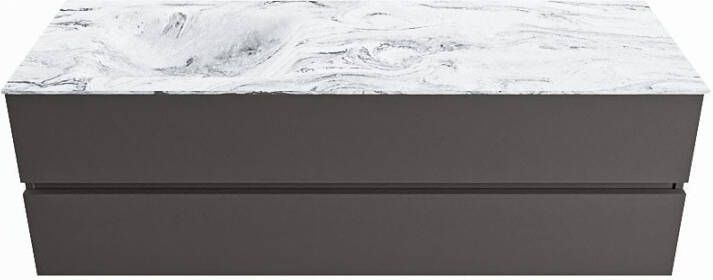 Mondiaz VICA-DLUX 150cm badmeubel onderkast Dark grey 2 lades. Inbouw wastafel CLOUD links zonder kraangat kleur Ostra en spiegel model SPOT