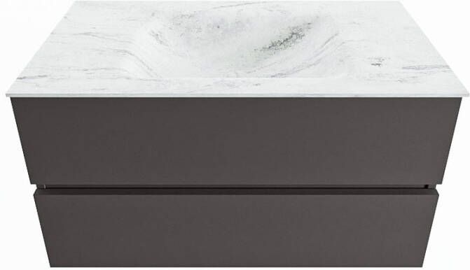Mondiaz VICA-DLUX 90cm badmeubel onderkast Dark grey 2 lades. Inbouw wastafel CLOUD midden 1 kraangat kleur Lava.