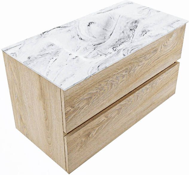 Mondiaz VICA-DLUX 90cm badmeubel onderkast Washed Oak 2 lades. Inbouw wastafel CLOUD midden zonder kraangat kleur Opalo.