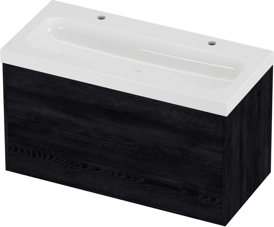 Proline Haga Badmeubel Polystone Mezza 2 Kraangaten Voor Grepen 100x46x58 cm Glans Wit Black Oak