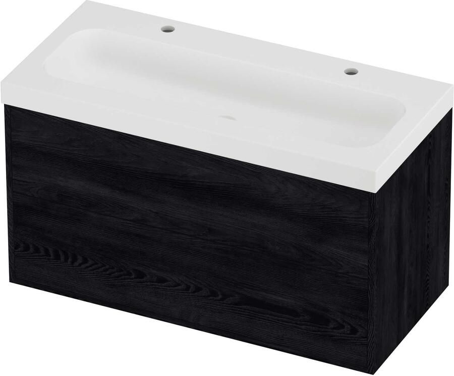 Proline Haga Badmeubel Polystone Mezza 2 Kraangaten Voor Grepen 100x46x58 cm Mat White Black Oak