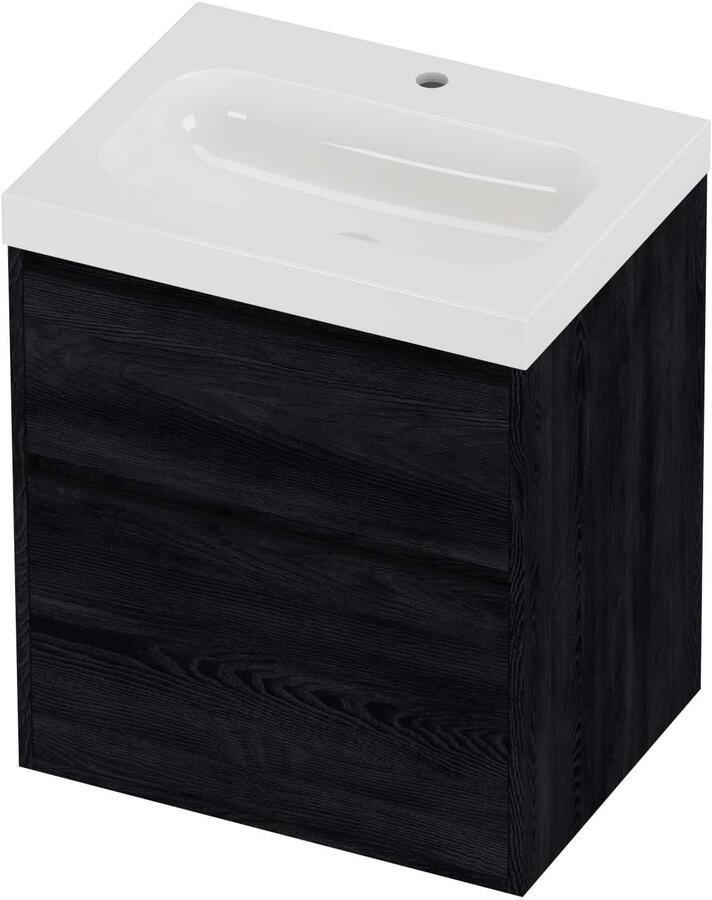 Proline Haga Badmeubelset Polystone Mezza 1 Kraangat Greeploos 60x46x73 cm Glans Wit Black Oak