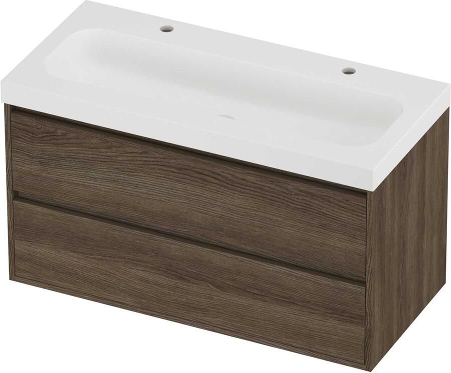 Proline Haga Badmeubelset Polystone Mezza 2 Kraangaten Greeploos 100x46x58 cm Mat White Vital Oak