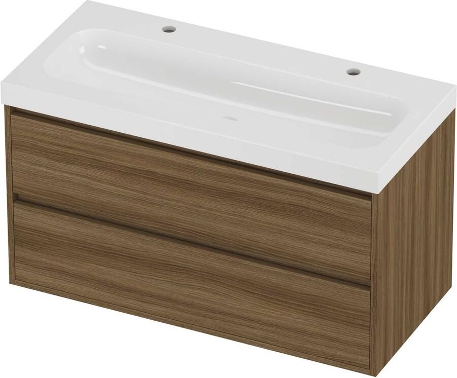 Proline Haga Badmeubelset Polystone Mezza Greeploos 100x46x58 cm Glans Wit Caramel Walnut