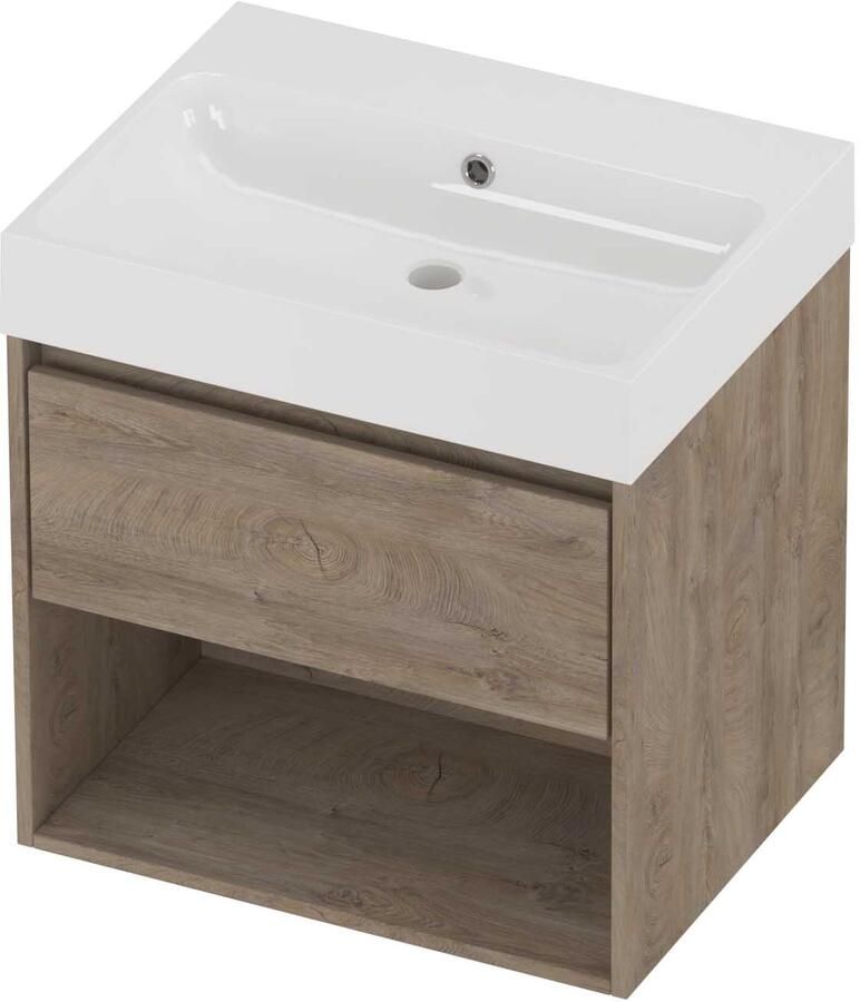 Proline Podium Badmeubelset Polystone Loft Zonder Kraangat Met Schap 60x46x62 cm Glans Wit Raw Oak