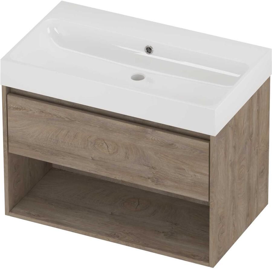 Proline Podium Badmeubelset Polystone Loft Zonder Kraangat Met Schap 80x46x62 cm Glans Wit Raw Oak
