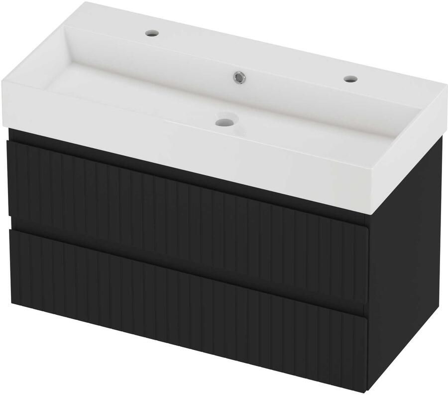 Proline Zara Badmeubelset Porselein Loft 2 Kraangaten Gefreesd 100x46x65 cm Glans Wit Mat Zwart