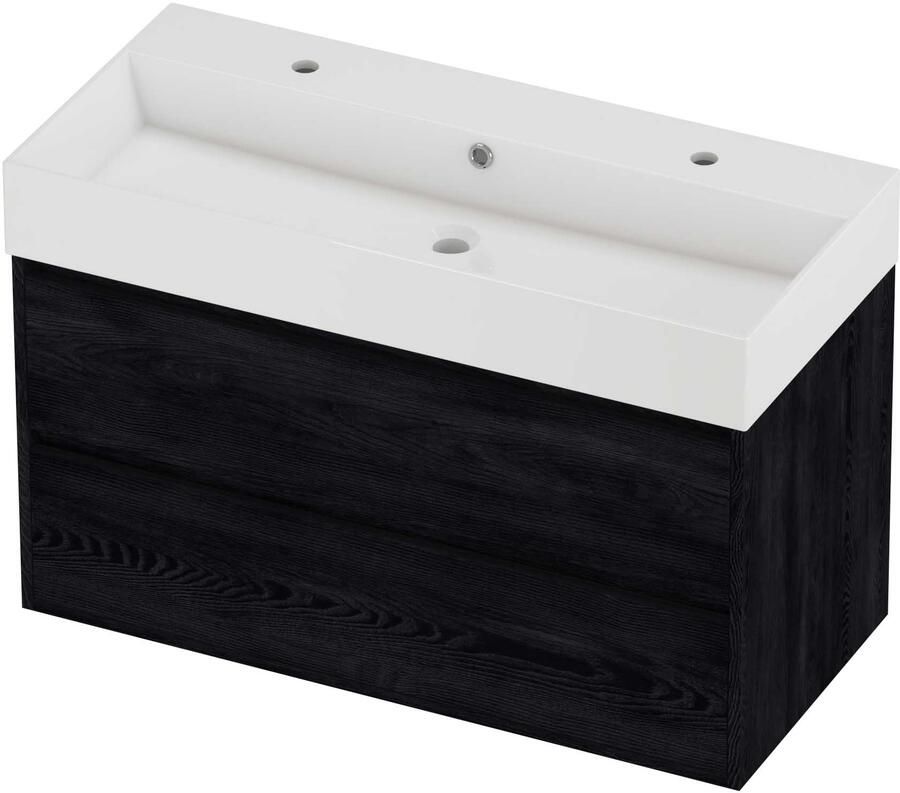 Proline Zara Badmeubelset Porselein Loft 2 Kraangaten Greeploos 100x46x65 cm Glans Wit Black Oak