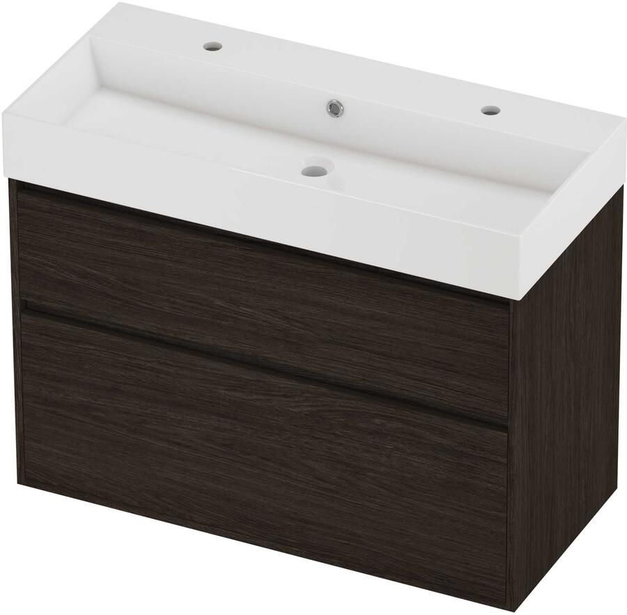 Proline Zara Badmeubelset Porselein Loft 2 Kraangaten Greeploos 100x46x78 cm Glans Wit Mokka Oak