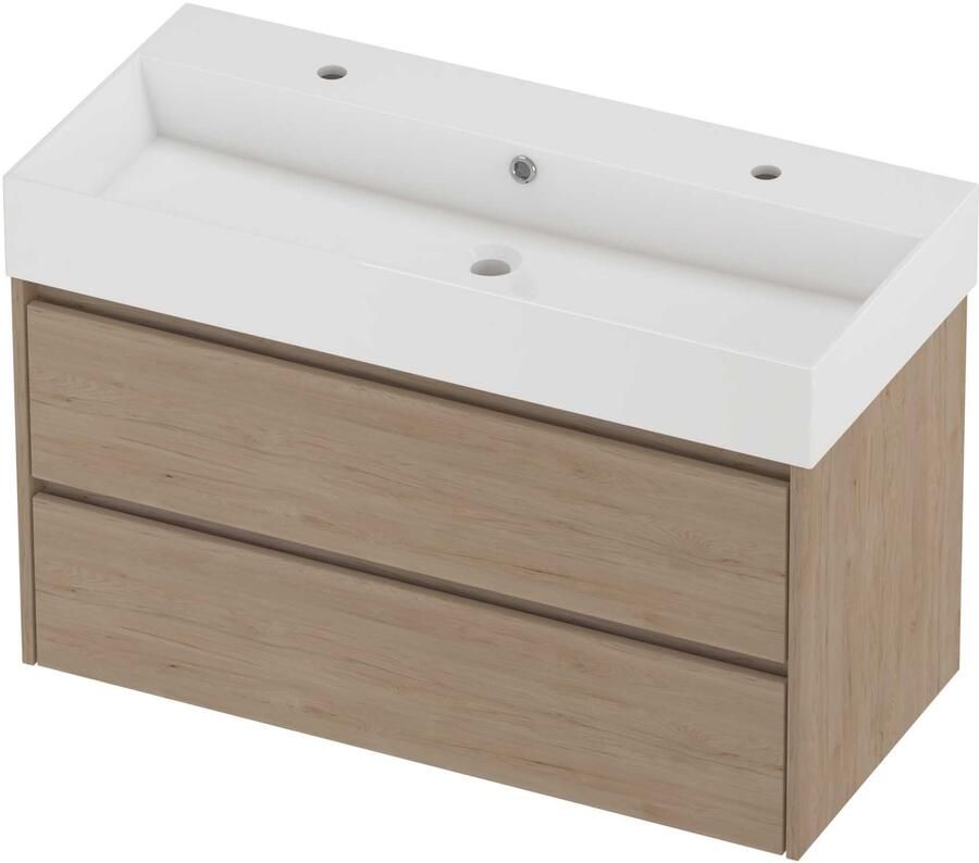 Proline Zara Badmeubelset Porselein Loft 2 Kraangaten Symmetrisch 100x46x65 cm Glans Wit Ideal Oak