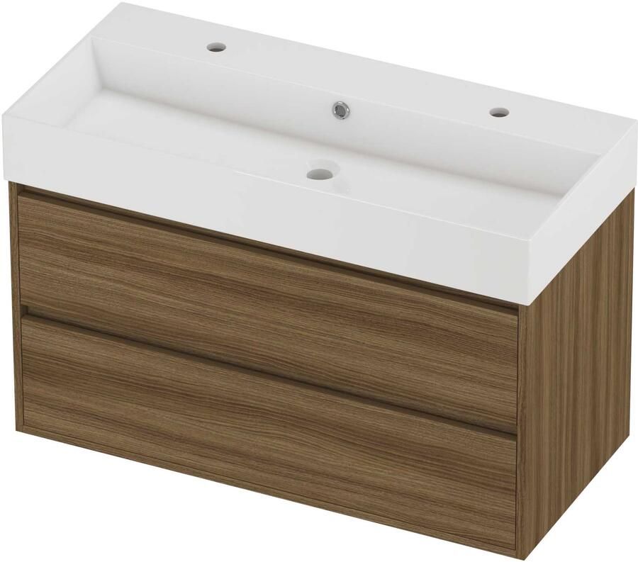 Proline Zara Badmeubelset Porselein Loft Greeploos 100x46x65 cm Glans Wit Caramel Walnut
