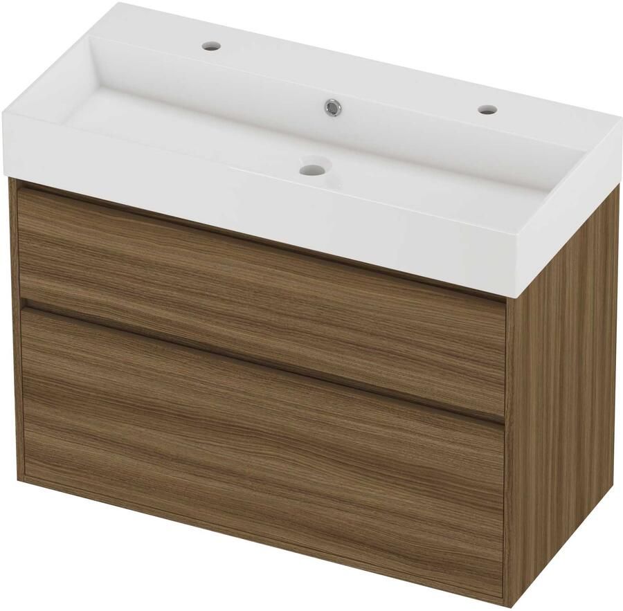 Proline Zara Badmeubelset Porselein Loft Greeploos 100x46x78 cm Glans Wit Caramel Walnut