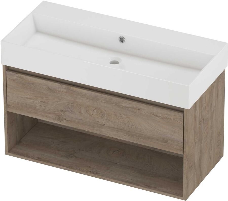 Proline Zara Badmeubelset Porselein Loft Zonder Kraangat Met Schap 100x46x65 cm Glans Wit Raw Oak