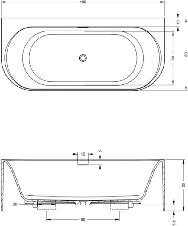 Riho Valor half vrijstaand ligbad 180x80x56cm half vrijstaand solid surface mat wit B131001105