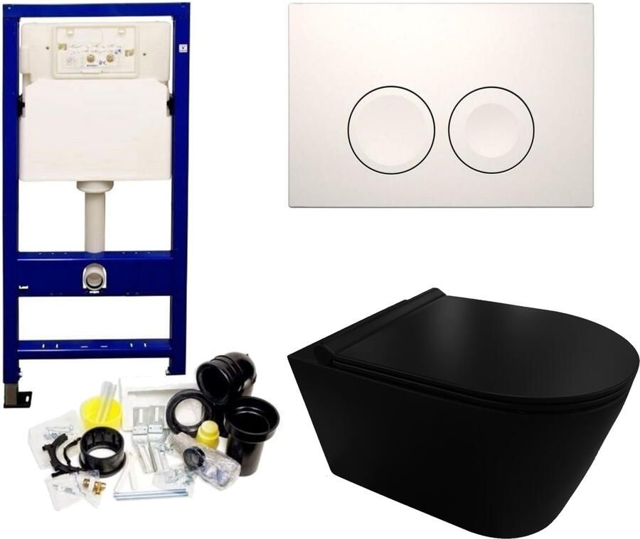 Geberit UP100 Toiletset set44 Civita Black Randloos Mat Zwart Met Delta drukplaat S44 Delta25 Wit