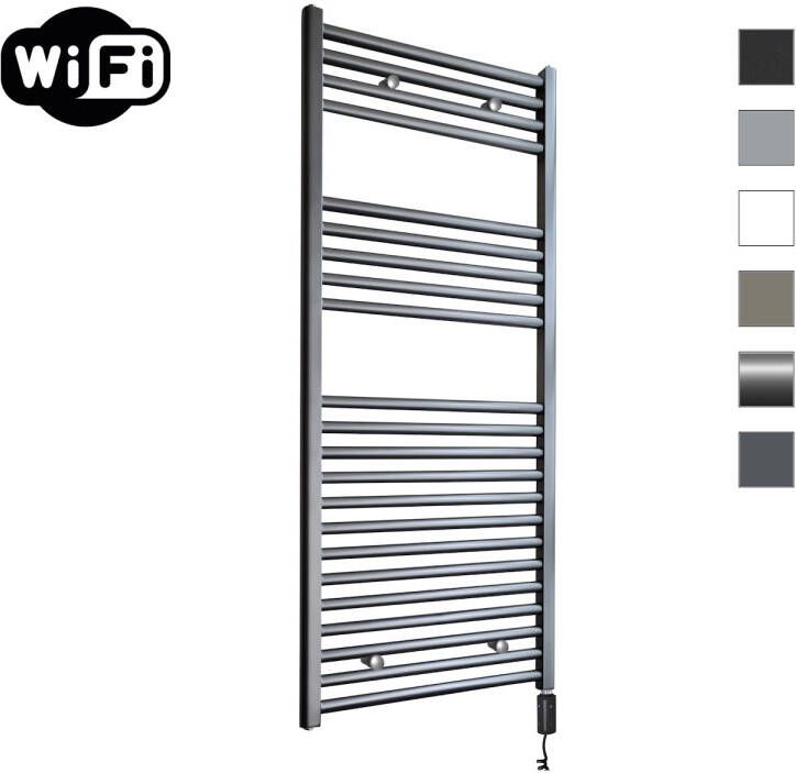 Sanicare Elektrische Radiator HWV Met Wifi 111 8x45 cm Gunmetal 596W Met Thermostaat Zwart Rechtsonder