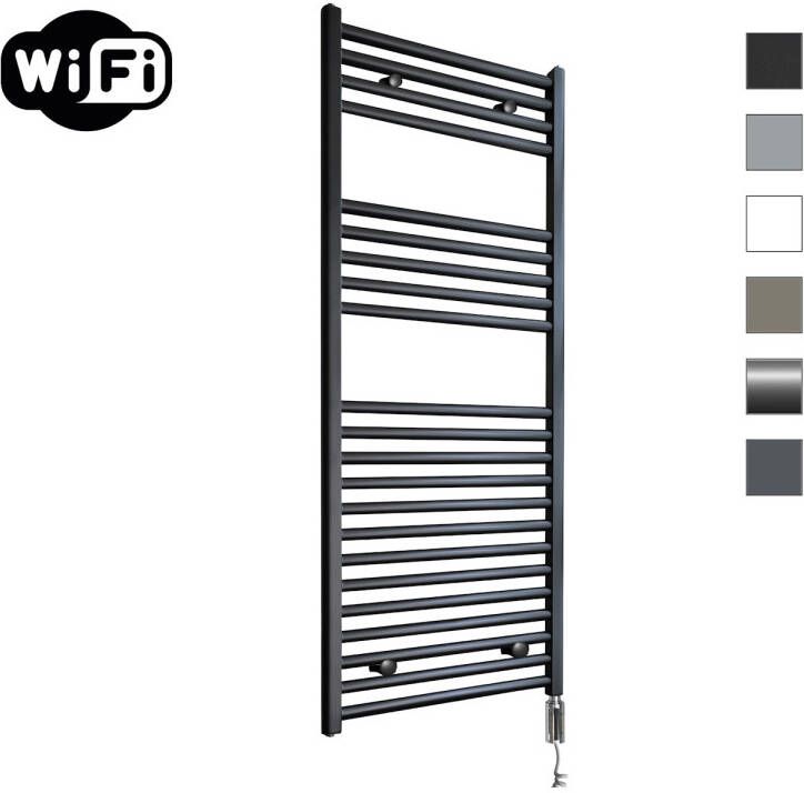 Sanicare Elektrische Radiator HWV Met Wifi 111 8x45 cm Mat Zwart 596W Met Thermostaat Chroom Rechtsonder