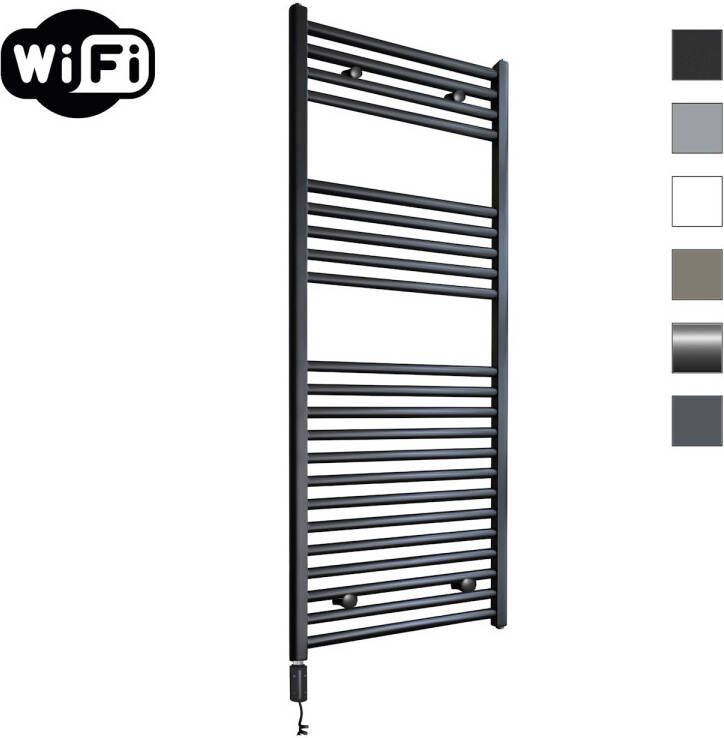 Sanicare Elektrische Radiator HWV Met Wifi 111 8x45 cm Mat Zwart 596W Met Thermostaat Zwart Linksonder