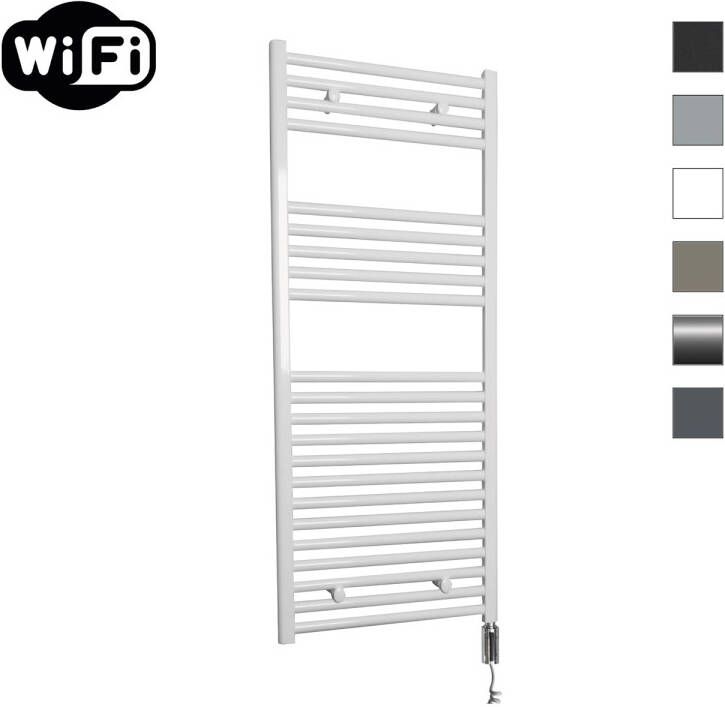 Sanicare Elektrische Radiator HWV Met Wifi 111 8x45 cm Wit 596W Met Thermostaat Chroom Rechtsonder