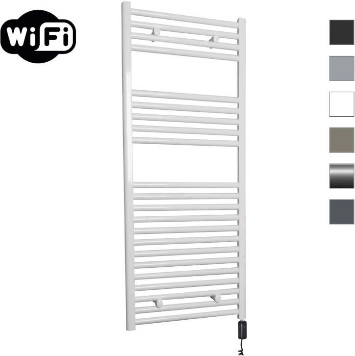 Sanicare Elektrische Radiator HWV Met Wifi 111 8x45 cm Wit 596W Met Thermostaat Zwart Rechtsonder