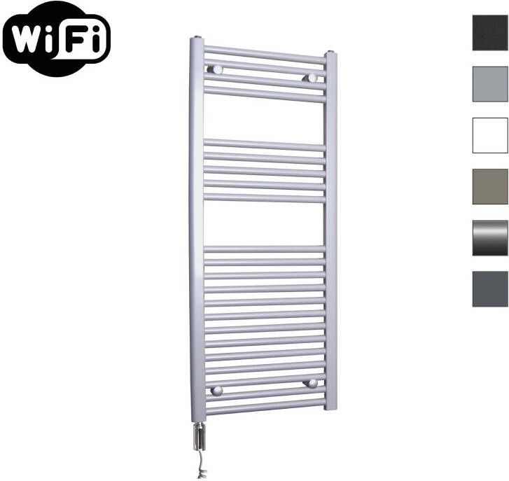 Sanicare Elektrische Radiator HWV Met Wifi 111 8x45 cm Zilver Grijs 596W Met Thermostaat Chroom Linksonder