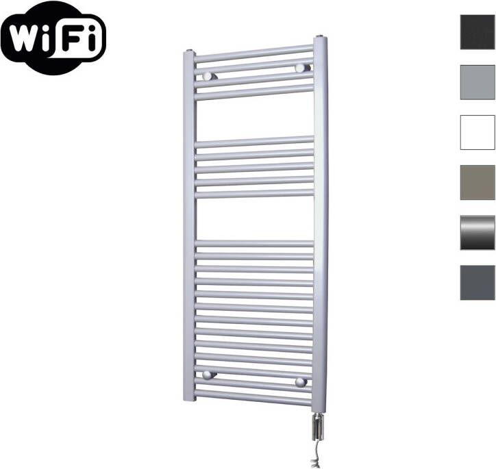 Sanicare Elektrische Radiator HWV Met Wifi 111 8x45 cm Zilver Grijs 596W Met Thermostaat Chroom Rechtsonder