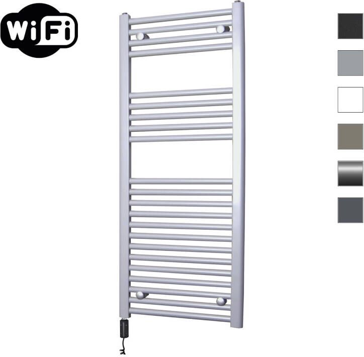 Sanicare Elektrische Radiator HWV Met Wifi 111 8x45 cm Zilver Grijs 596W Met Thermostaat Zwart Linksonder