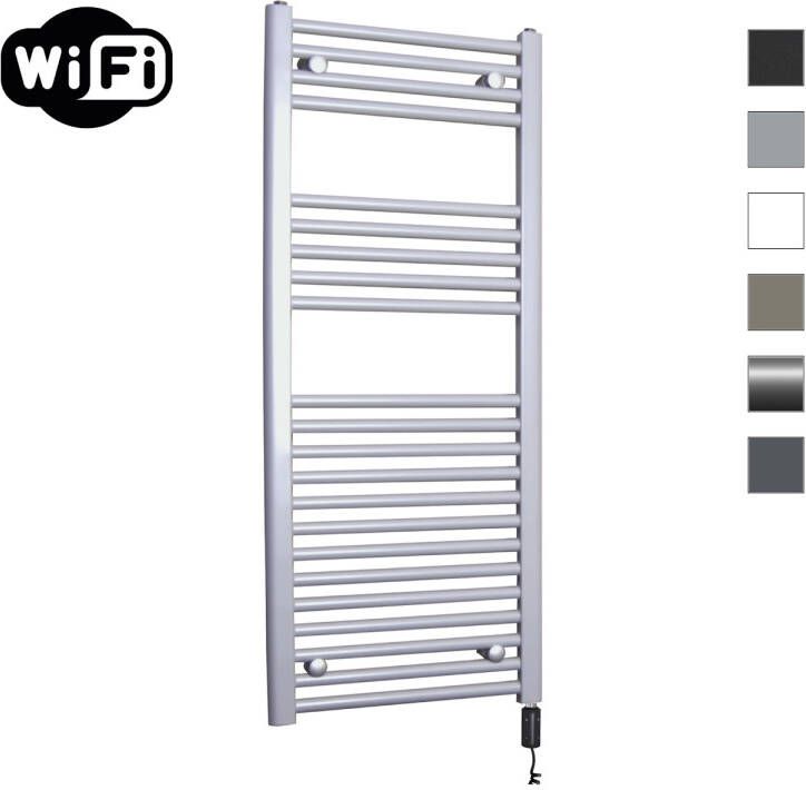 Sanicare Elektrische Radiator HWV Met Wifi 111 8x45 cm Zilver Grijs 596W Met Thermostaat Zwart Rechtsonder